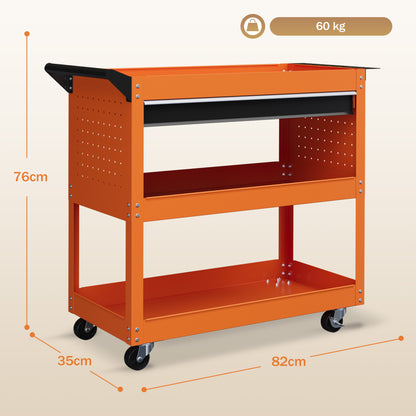 Carrello Porta Attrezzi con Manico Laterale, Cassetto e 3 Ripiani in Acciaio, 82x35x76 cm, Arancione