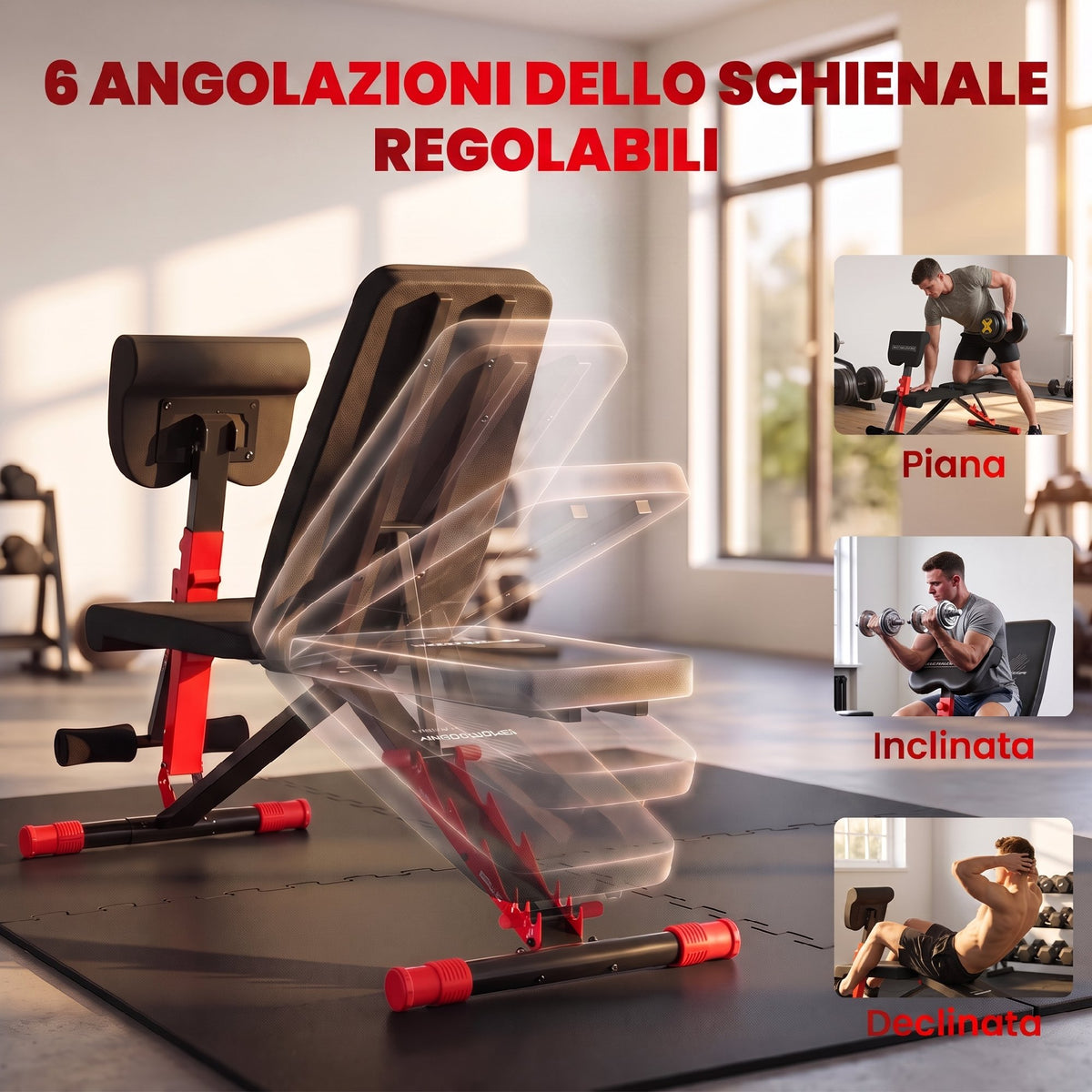 Panca Pesi Regolabile e Pieghevole con Schienale Regolabile a 6 Livelli, Rosso