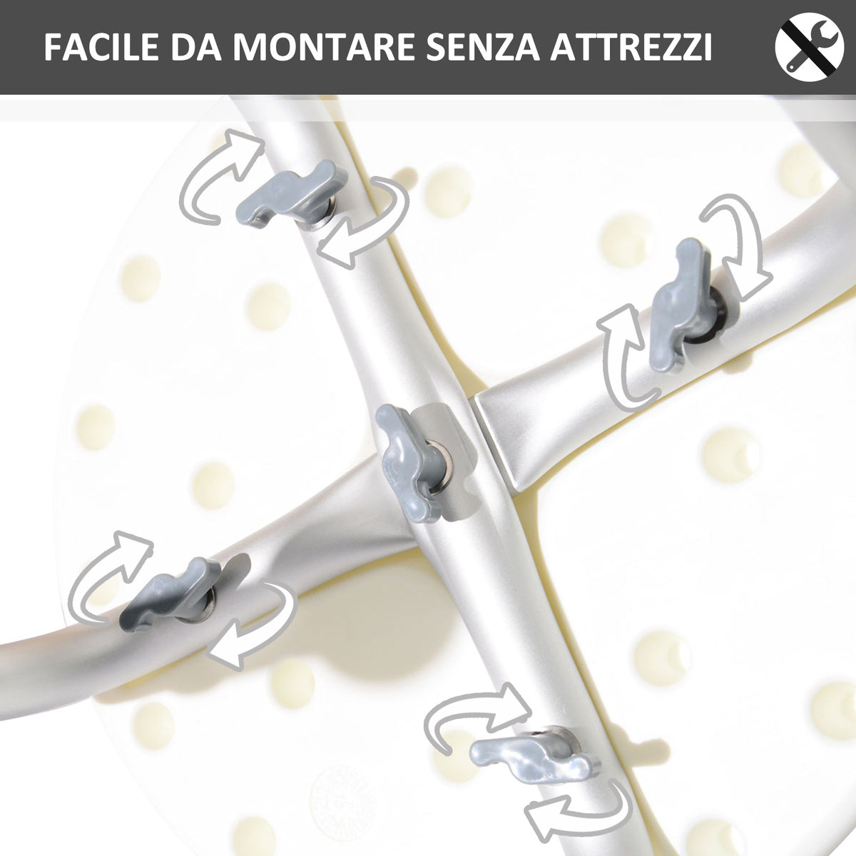 Sgabello da Doccia Girevole a 360 con Piedini Antiscivolo e Regolabile in Altezza su 8 Livelli, Sgabello per Doccia in Alluminio e PE, 32.5x41x35.5-54 cm, Bianco