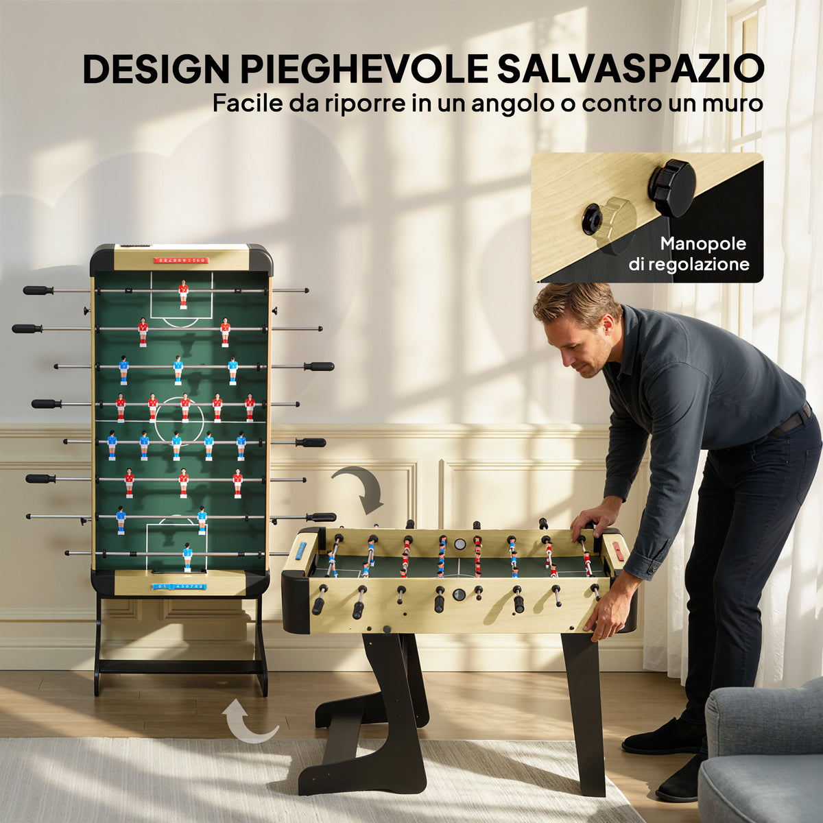 Calcio Balilla Pieghevole con Impugnature Antiscivolo, 2 Palline e Segnapunti, Verde e color Legno