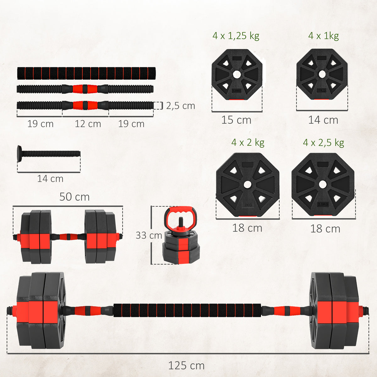 Set Pesi da Palestra 6 in 1 da 30kg, Convertibile in Kettlebell, 2 Manubri, Bilanciere e Supporto Flessioni, Rosso