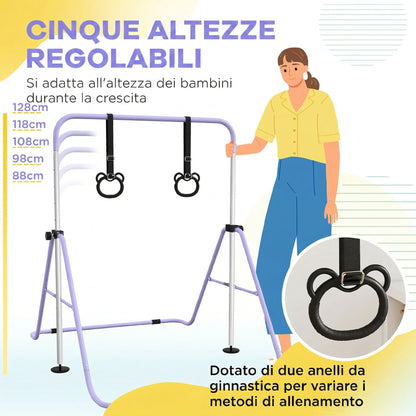 Sbarra Ginnastica Artistica per Bambini ad Altezza Regolabile con 2 Anelli, in Acciaio, 148x105x88-128 cm, Viola