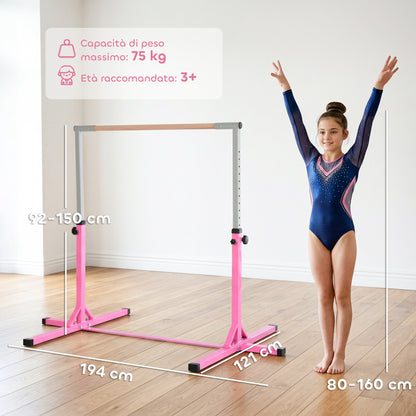 Barra da Ginnastica Artistica per Bambini 3+ Anni con Altezza Regolabile 92-150 cm, in Acciaio e Legno Massello di Faggio, Sbarra Orizzontali Danza Attrezzatura Palestra Antiscivolo, Rosa
