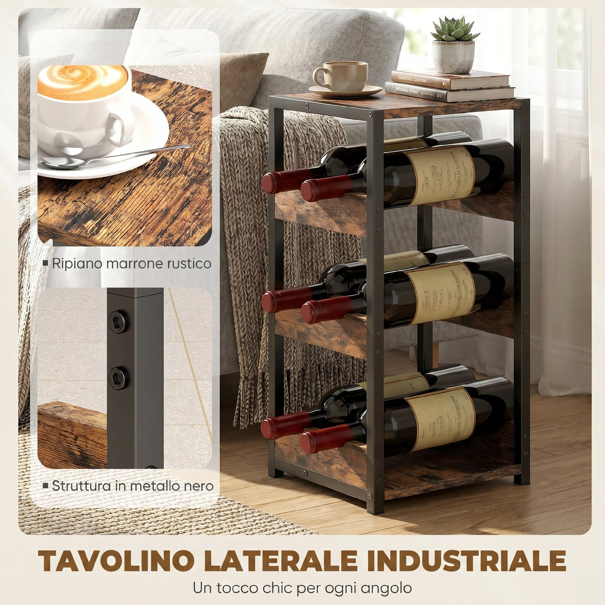 Portabottiglie , scaffali ondulati, piedini regolabili, marrone rustico, nero.