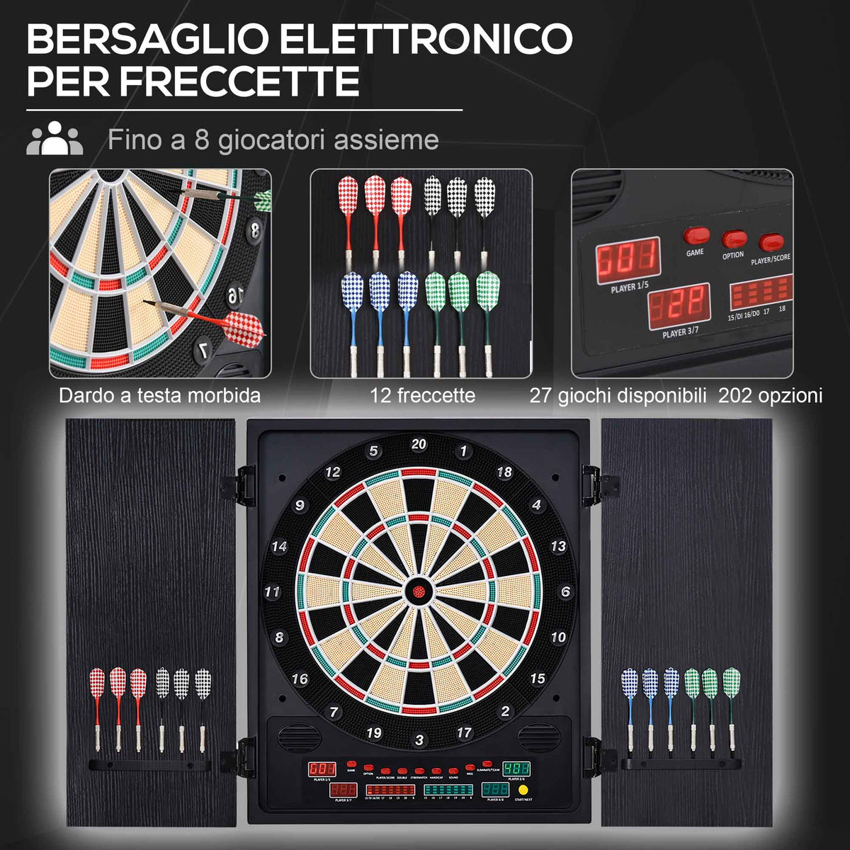 Bersaglio Freccette Elettronico con Punteggio Automatico, 12 Freccette e 6 Display, 51x6.5x57cm, Nero