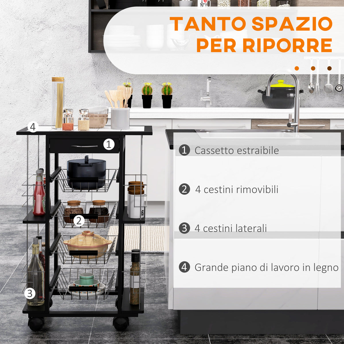 Carrello da Cucina con Cassetto, 4 Cesti di Frutta Estraibili e Piano in Ceramica, Carrello Cucina Salvaspazio con 4 Ripiani Laterali in Legno di Pino e Metallo, 57x37x83 cm, Nero