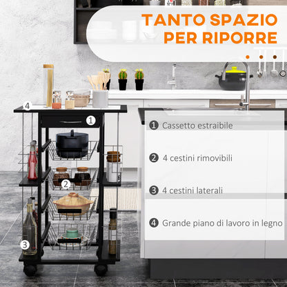 Carrello da Cucina con Cassetto, 4 Cesti di Frutta Estraibili e Piano in Ceramica, Carrello Cucina Salvaspazio con 4 Ripiani Laterali in Legno di Pino e Metallo, 57x37x83 cm, Nero