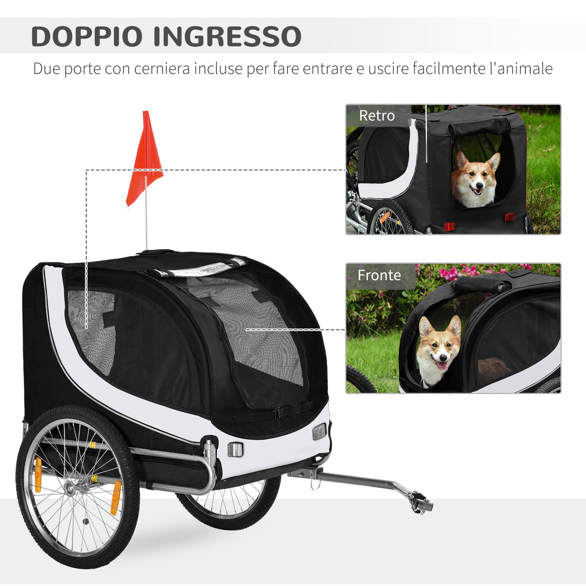 Rimorchio per Cani da Bicicletta, bianco e nero, 130x90x110cm
