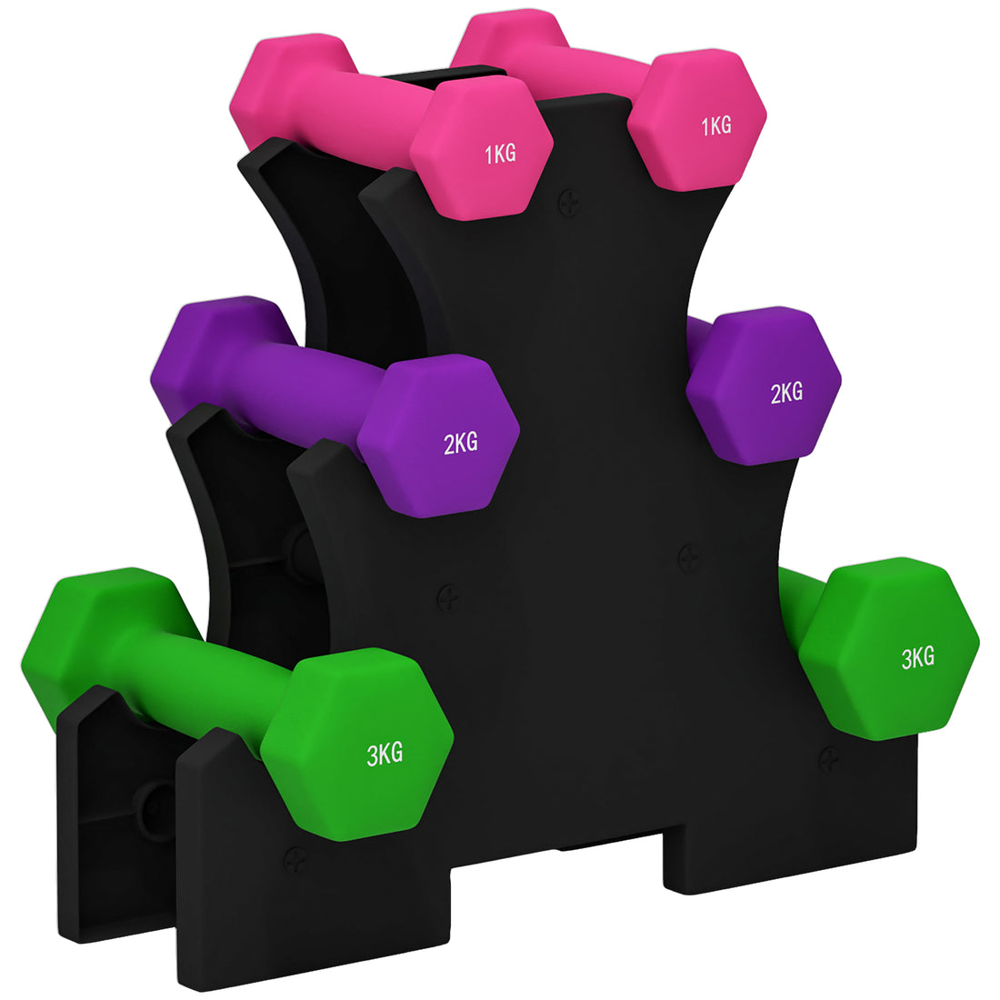 Set Manubri con Supporto, 6 Manubri Totali 2x1 kg, 2x2 kg, 2x3 kg, Multicolore