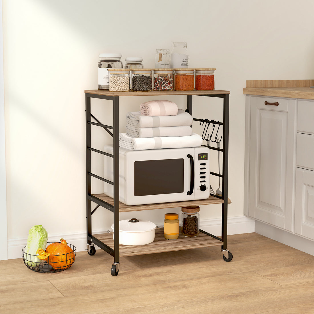 Scaffale da Cucina a 3 Livelli Stile Industriale con Ruote e 4 Ganci, Struttura in Acciaio, 60x40x84 cm, Teak