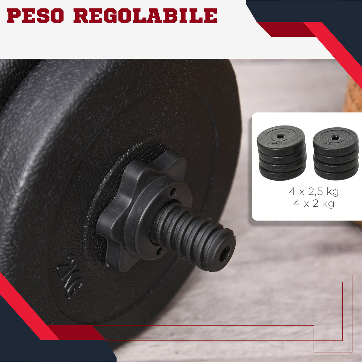 Set Manubri Palestra 20kg (4x2.5kg, 4x2kg) con 8 Dischi da 2kg, 2.5kg, 25mm, per Allenamento a Casa