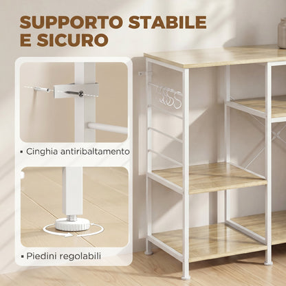 Scaffale Cucina con Ripiani in Legno e Metallo con 5 Ganci, Salvaspazio, 90x39x83.5 cm, Rovere