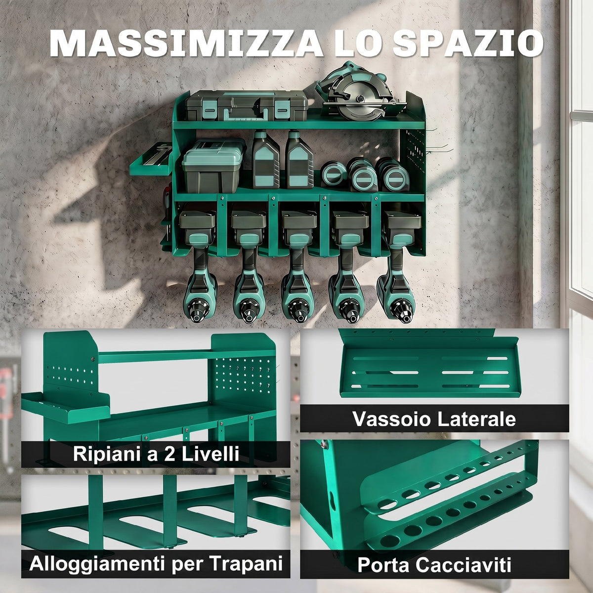 Porta Attrezzi con Supporto per 5 Trapani Elettrici e Vassoio Laterale, Verde