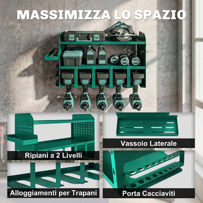 Porta Attrezzi con Supporto per 5 Trapani Elettrici e Vassoio Laterale, Verde