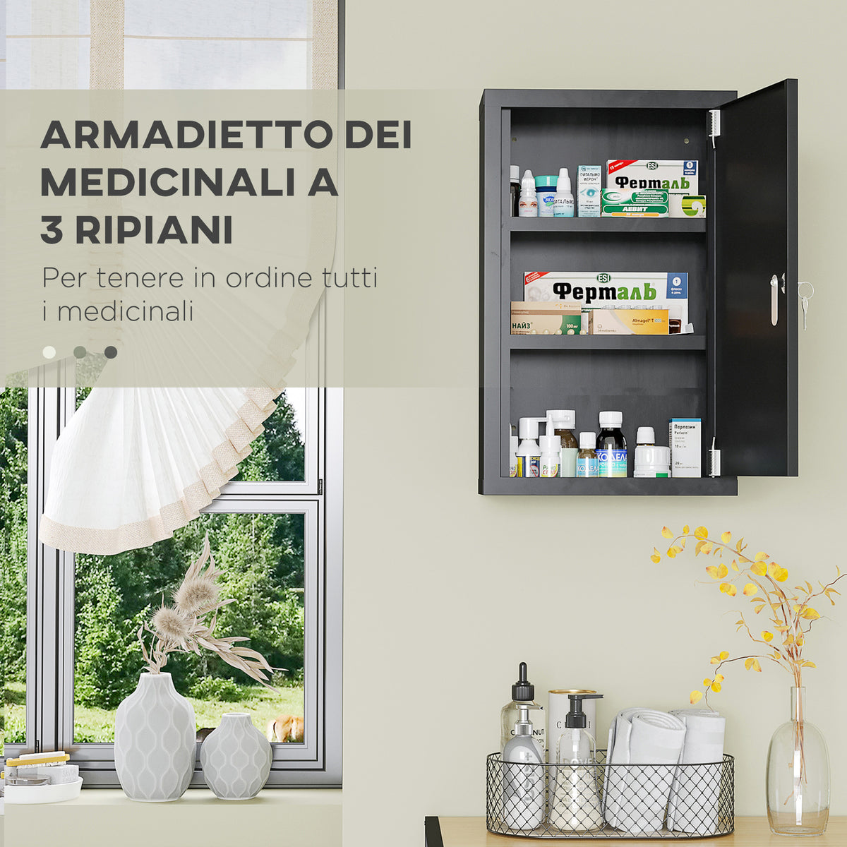 Armadietto Medicinali con 3 Mensole e Blocco con Chiavi in Acciaio, 30x14x46cm, Nero