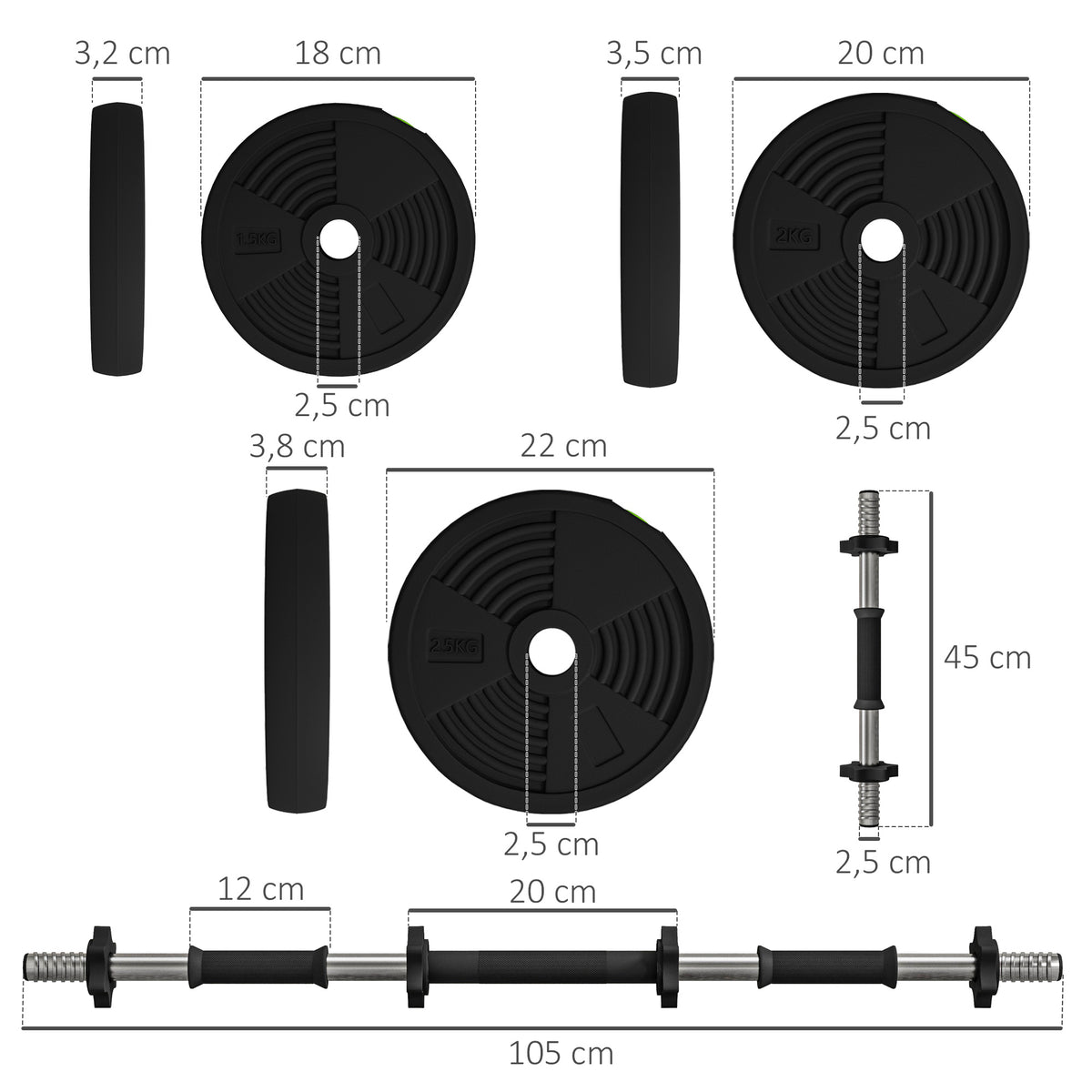 Set 2 in 1 con 2 Manubri Convertibili in Bilanciere, Peso Totale 25 kg e Dischi Pesi Regolabili, Nero
