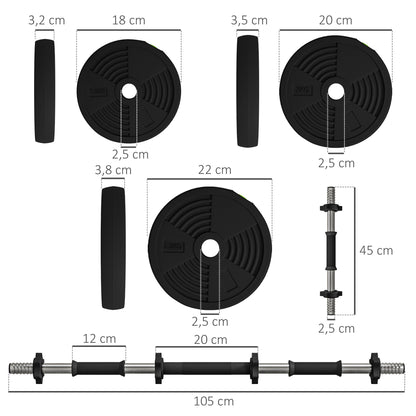 Set 2 in 1 con 2 Manubri Convertibili in Bilanciere, Peso Totale 25 kg e Dischi Pesi Regolabili, Nero