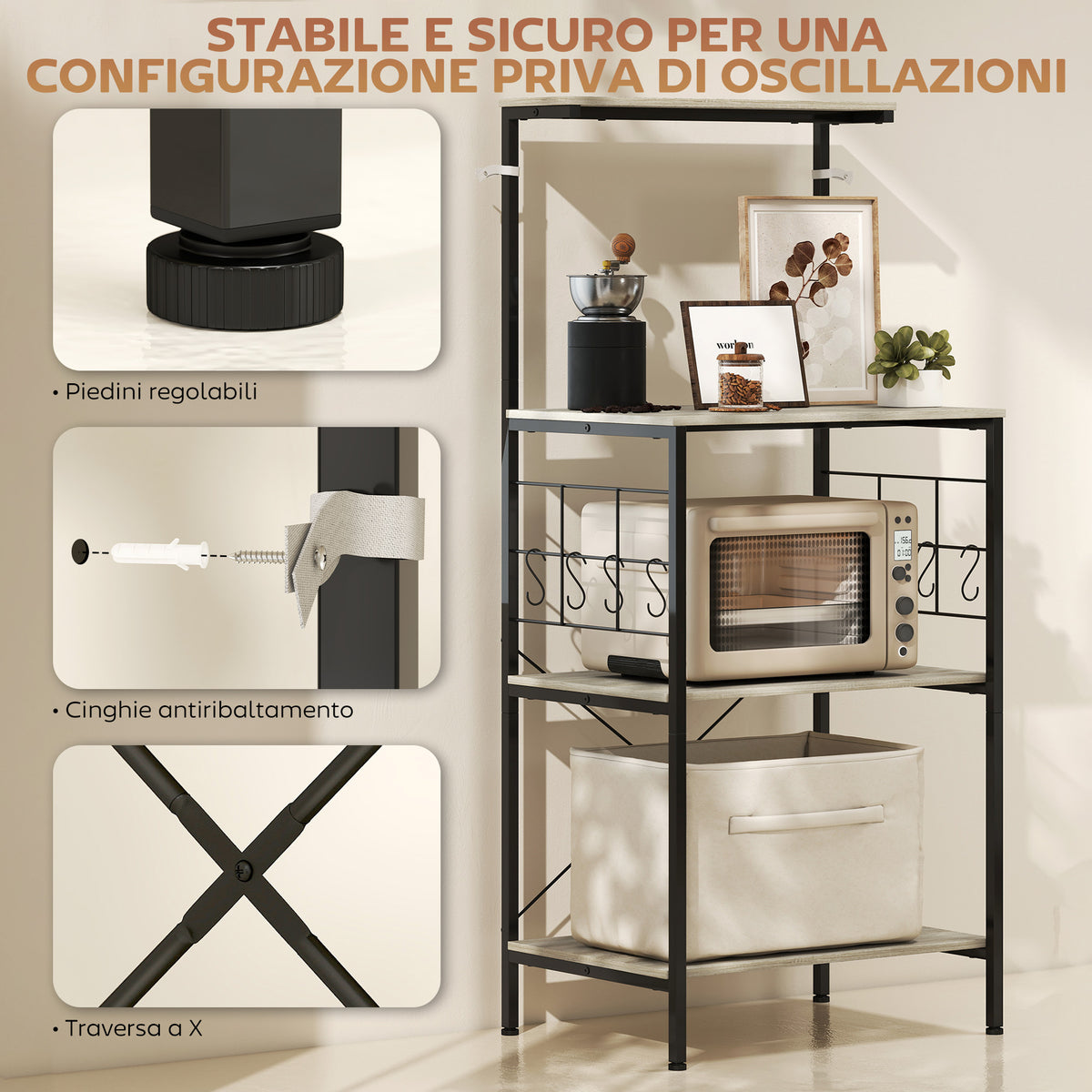 Scaffale Cucina a 4 Livelli con Pannelli a Rete e 8 Ganci Stile Industriale, 60x42x134.5 cm, Rovere