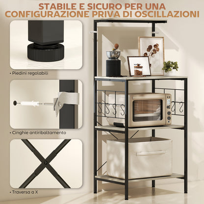 Scaffale Cucina a 4 Livelli con Pannelli a Rete e 8 Ganci Stile Industriale, 60x42x134.5 cm, Rovere