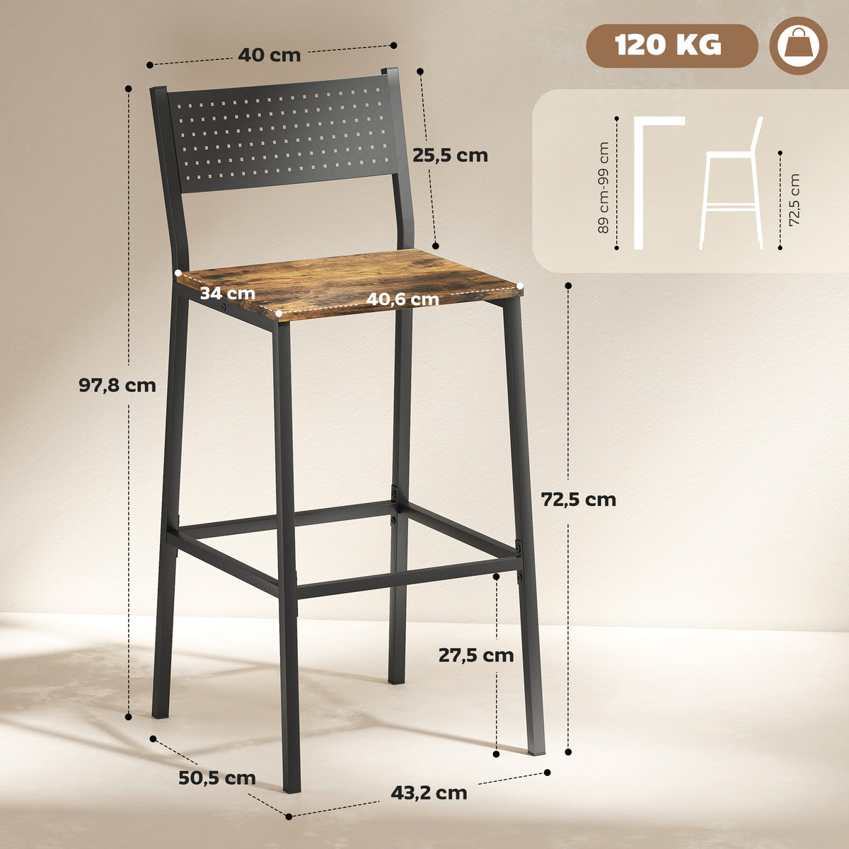 Set 2 Sgabelli da Bar con Schienale e Poggiapiedi Integrato in Stile Industriale, Marrone Rustico