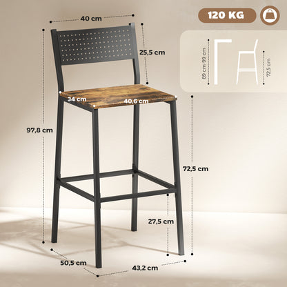 Set 2 Sgabelli da Bar con Schienale e Poggiapiedi Integrato in Stile Industriale, Marrone Rustico