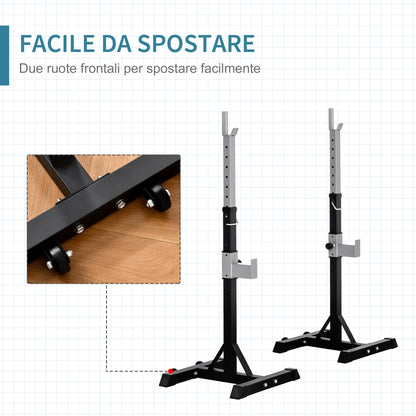 Set 2 Rack Porta Bilanciere in Acciaio, 2 Ganci con Altezza Regolabile, Capacità 150kg, 55x57x105-170cm, Nero