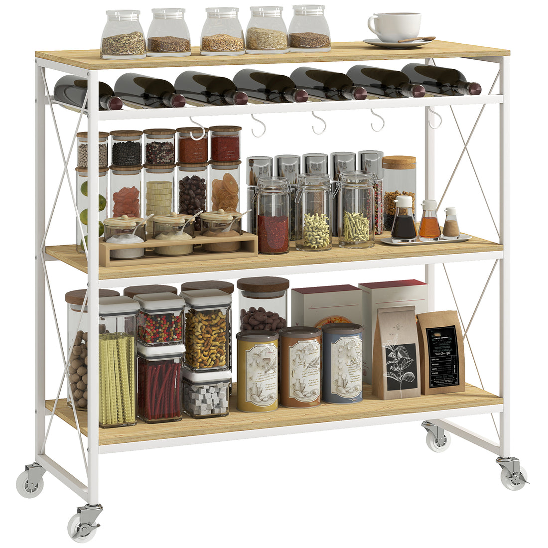 Carrello Portavivande a 4 Livelli con Portabottiglie e 5 Ganci Rimovibili, in Legno e Metallo, 96.5x38x96.7 cm