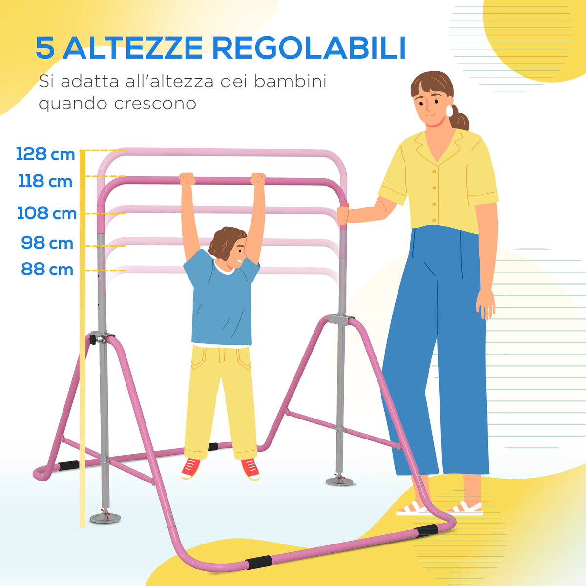 Sbarra per Trazioni Pieghevole per Bambini 3-8 Anni con Altezze Regolabili in Acciaio, 154x106.2x88.5-128.5cm, Rosa