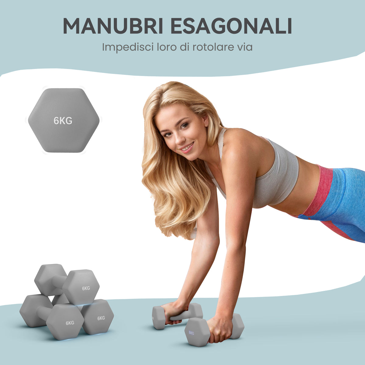 Set 2 Manubri Esagonali da 2x6 kg in Metallo e Plastica con Impugnatura Antiscivolo, 22x10x10 cm, Grigio
