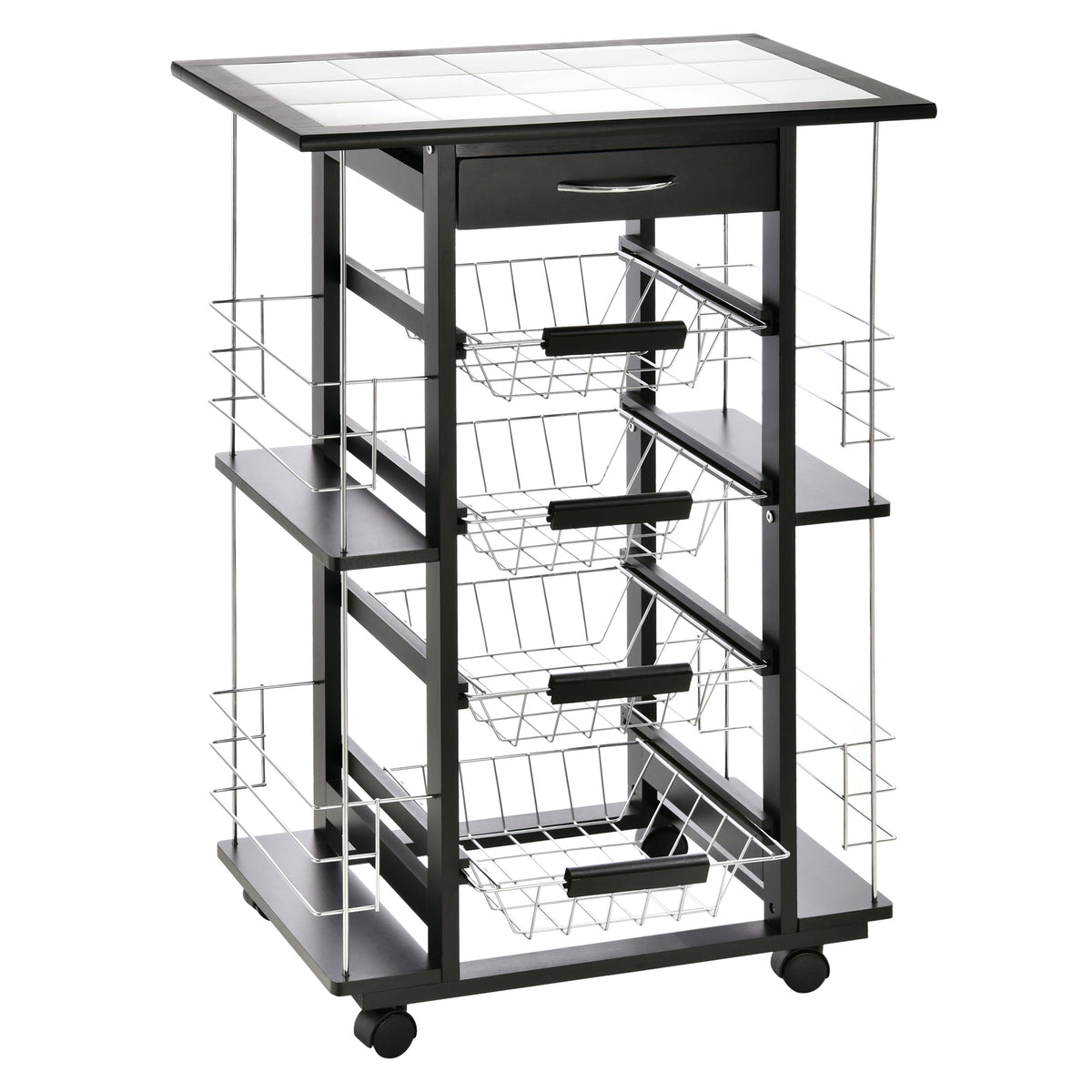 Carrello da Cucina con Cassetto, 4 Cesti di Frutta Estraibili e Piano in Ceramica, Carrello Cucina Salvaspazio con 4 Ripiani Laterali in Legno di Pino e Metallo, 57x37x83 cm, Nero