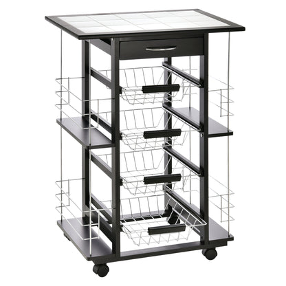 Carrello da Cucina con Cassetto, 4 Cesti di Frutta Estraibili e Piano in Ceramica, Carrello Cucina Salvaspazio con 4 Ripiani Laterali in Legno di Pino e Metallo, 57x37x83 cm, Nero