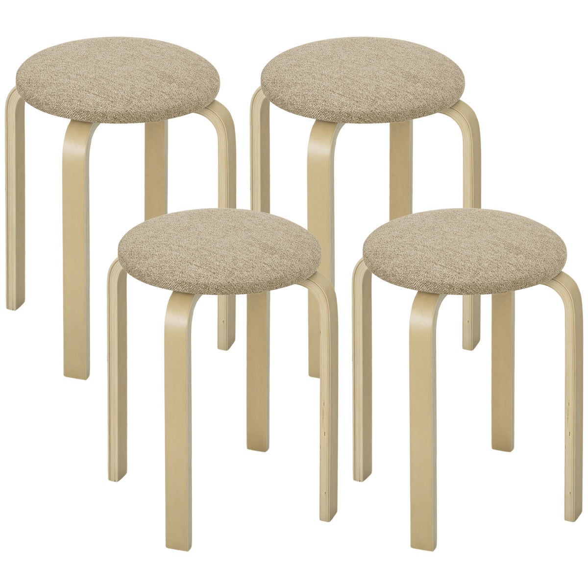 Set 4 Sgabelli Impilabili e Imbottiti con Rivestimento in Tessuto e Gambe in Legno, Cachi
