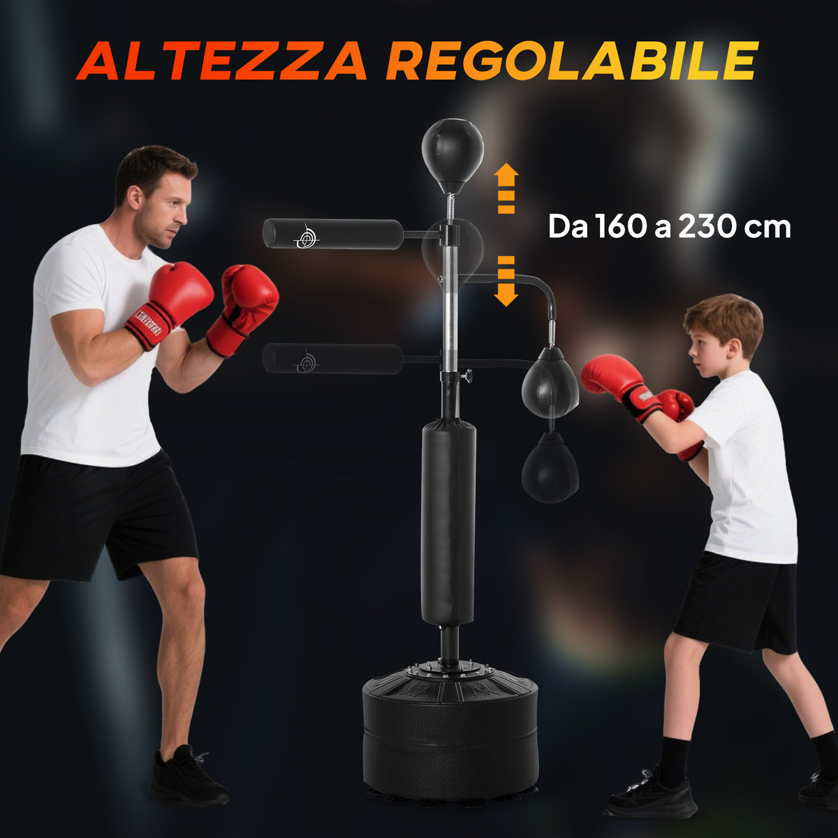 Sacco Boxe da Terra 4 in 1 con 2 Speedball, Barra Girevole e Sacco, Altezza Regolabile da 160-230cm, Nero