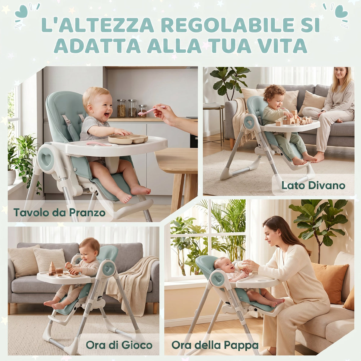 Seggiolone Pappa Pieghevole per Bambini 6-36 Mesi, Altezza Regolabile, Doppio Vassoio Lavabile e Ruote, Verde