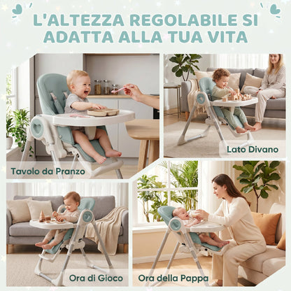 Seggiolone Pappa Pieghevole per Bambini 6-36 Mesi, Altezza Regolabile, Doppio Vassoio Lavabile e Ruote, Verde