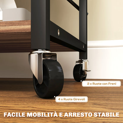 Scaffale da Cucina a 3 Livelli Stile Industriale con Ruote e 4 Ganci, Struttura in Acciaio, 60x40x84 cm, Teak