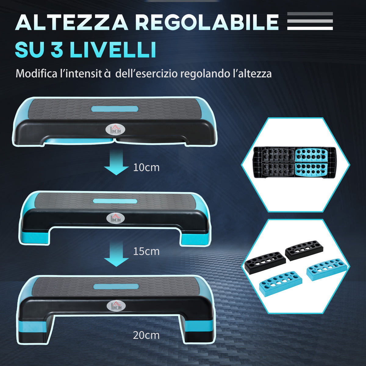 Step Fitness per Aerobica Regolabile su 3 Altezze 10-15-20 cm in Plastica, Nero e Blu