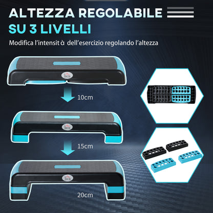 Step Fitness per Aerobica Regolabile su 3 Altezze 10-15-20 cm in Plastica, Nero e Blu
