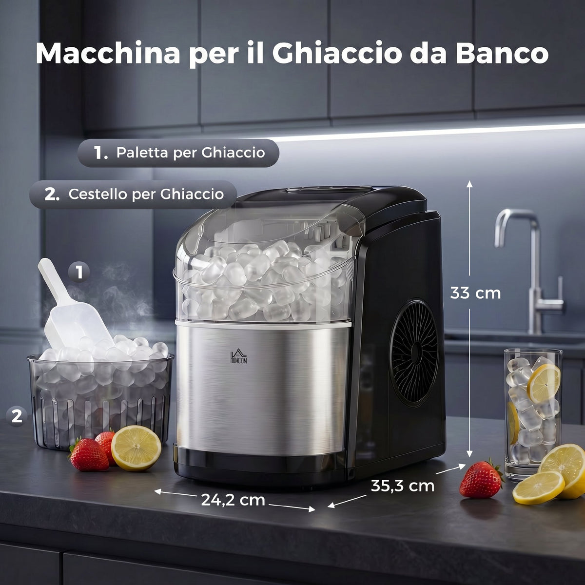 Macchina del Ghiaccio Autopulente da 9 Cubetti in 6-12 Minuti, in PP e Acciaio Inox, 24.2x35.3x33 cm, Nera