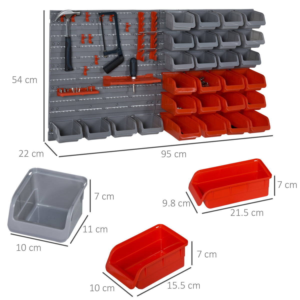 44PZ Contenitore Portautensile Scatole Regolabili e Rimovibile, Montaggio a Muro, PP, Rosso Grigio, 54x22x95cm