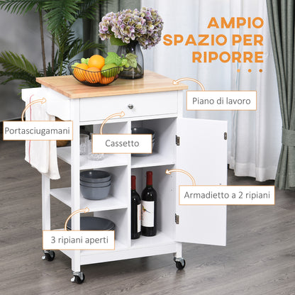 Carrello da Cucina Salvaspazio in MDF con Piano di Lavoro in Legno di Gomma, Cassetto, Armadietto, 3 Mensole, Ripiani Regolabili, Porta Strofinacci e Ruote Girevole, 66x39.5x86.5cm, Bianco