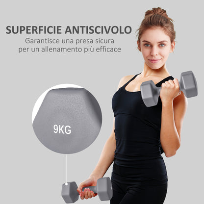 Set 2 Manubri Esagonali da 9 kg in Metallo e Plastica con Impugnatura Antiscivolo, 25x11x11cm, Grigio