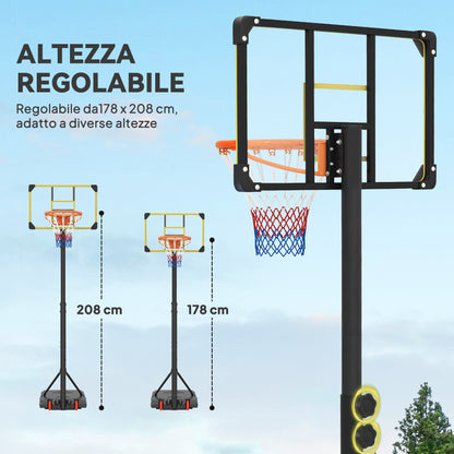 Canestro Basket per Adulti, Altezza Regolabile 2.1-2.4 m, Ruote e Base Riempibile, Giallo