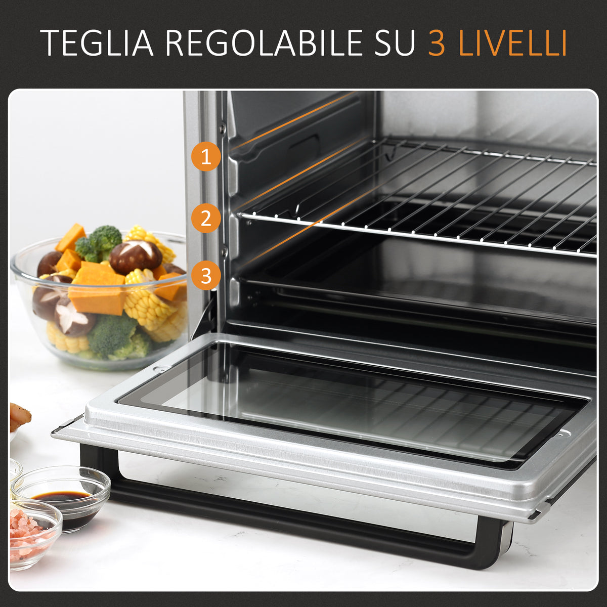 Fornetto Elettrico da 32L Regolazione Temperatura e Timer, 3 Modalità di Cottura e Accessori, Argento