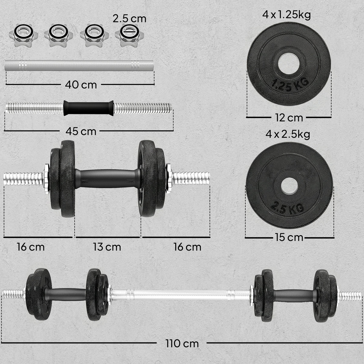 Set Pesi e Bilanciere da 20kg con Impugnature Antiscivolo, 8 Dischi Pesi, Barra Bilanciere e 2 Barre Manubri in Acciaio