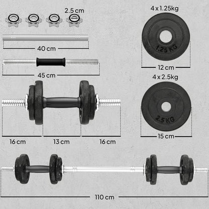 Set Pesi e Bilanciere da 20kg con Impugnature Antiscivolo, 8 Dischi Pesi, Barra Bilanciere e 2 Barre Manubri in Acciaio