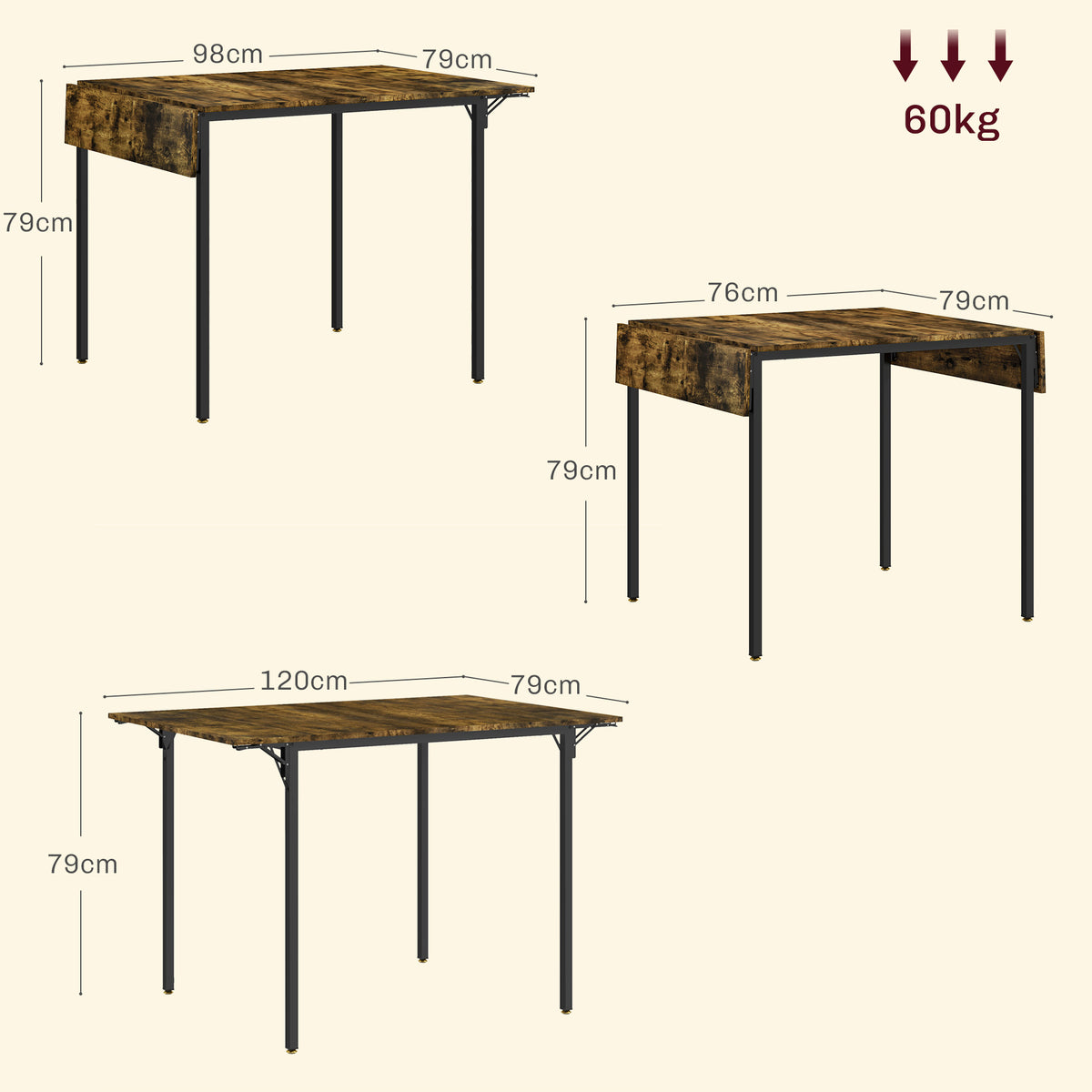 Tavolo da Pranzo a Ribalta stile Industriale per 2-4 Persone in Legno e Metallo, 120x79x79 cm, Marrone Rustico