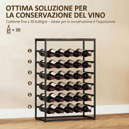 Portabottiglie da Terra per 30 Bottiglie con 6 Ripiani, Stile Industriale, Marrone Rustico