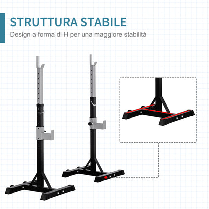 Set 2 Rack Porta Bilanciere in Acciaio, 2 Ganci con Altezza Regolabile, Capacità 150kg, 55x57x105-170cm, Nero