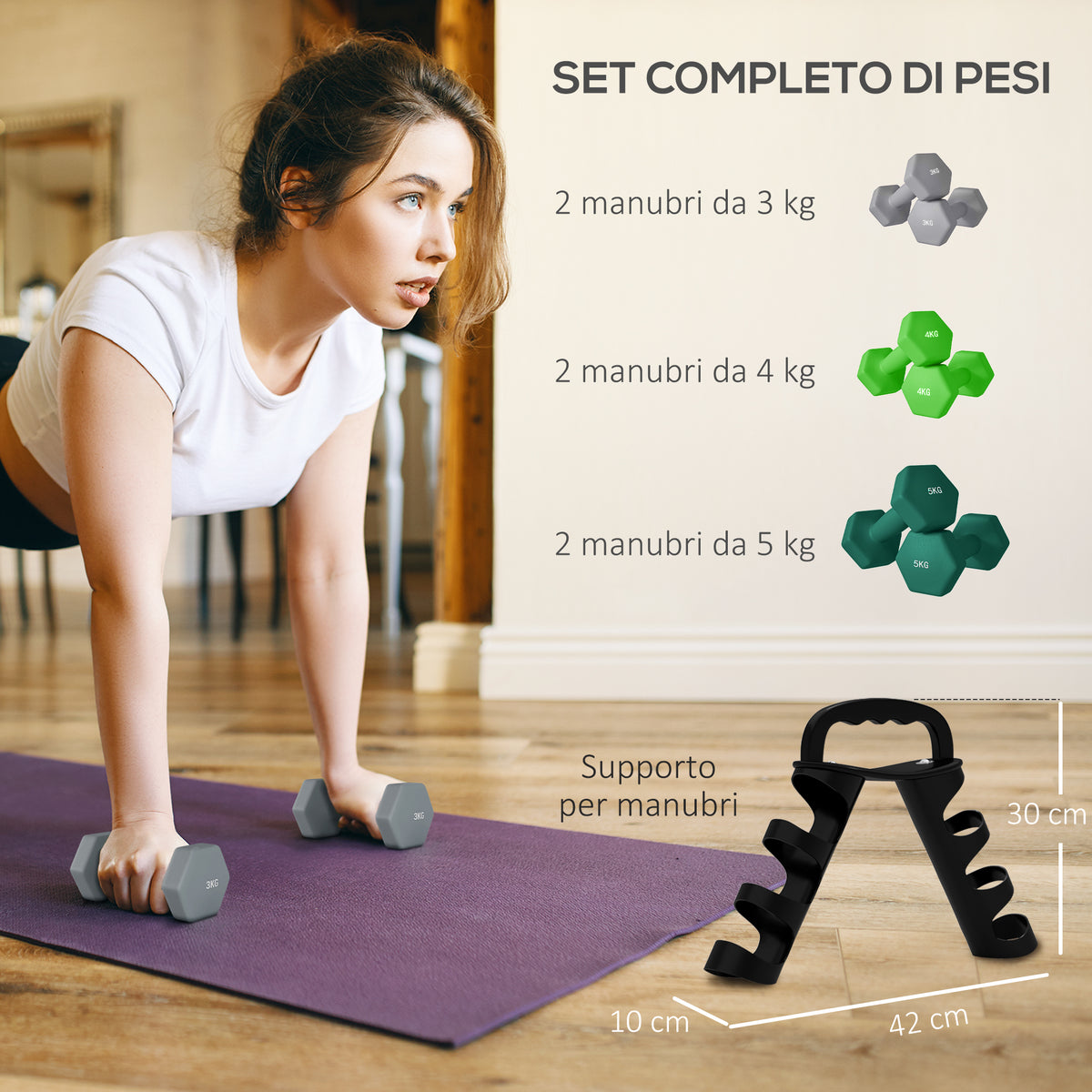 Set Manubri con Supporto, 3 Coppie di Pesi da 2 x 3 kg, 2 x 4 kg, 2 x 5 kg, Multicolore